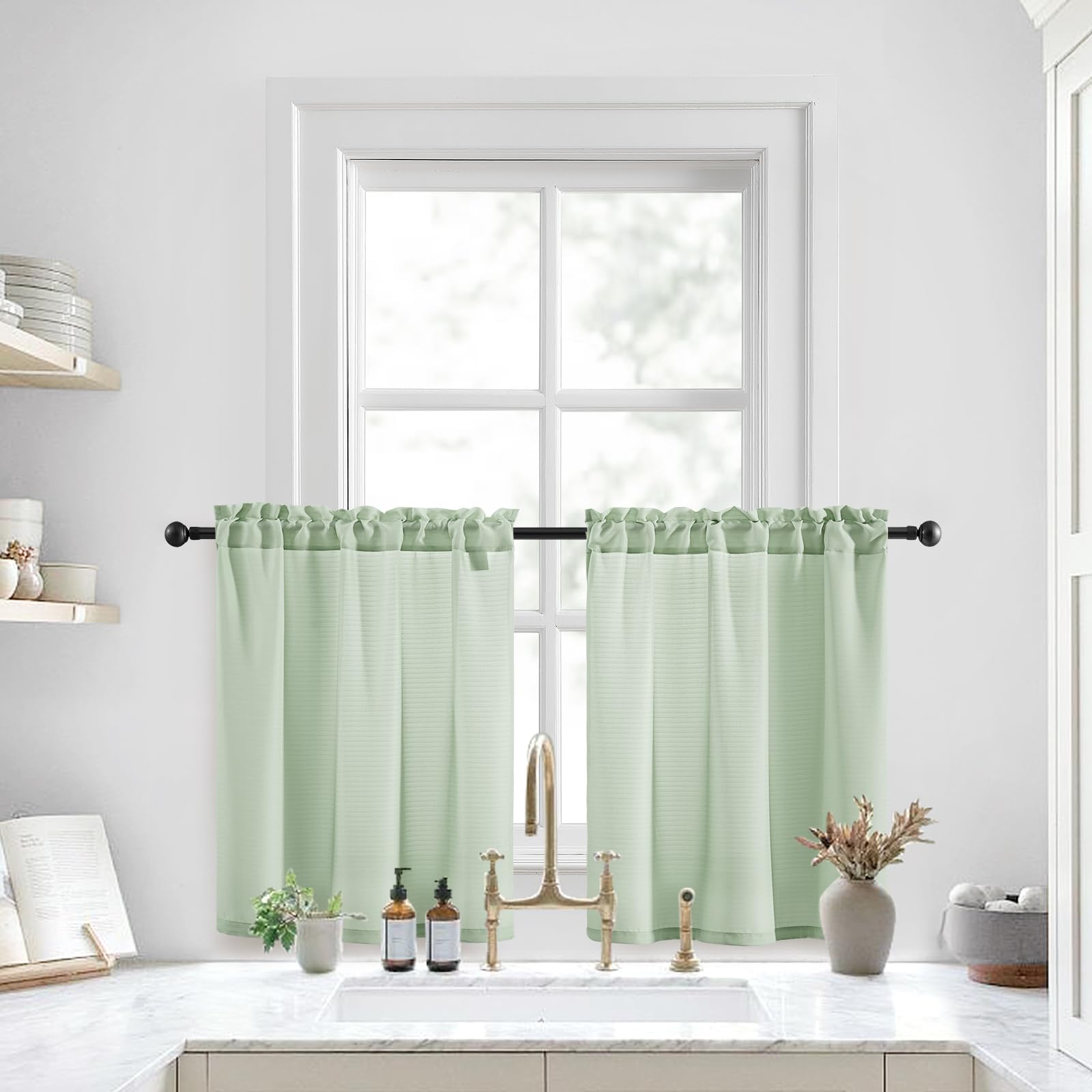 Homeideas Sage Green Kitchen Curtains 30 X 36 Inches 2 Panels Set Non-See-Through Privacy Semi Sheer Short Window Curtains Fish